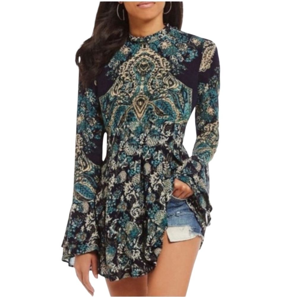Free People Top Blouse Lady Luck Tunic Long Bell Sleeve Blue Combo Size Medium